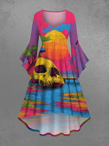 Gothic Plus Size Skull Mushroom Tree Moon River Print Ruched High Low Asymmetric Dress