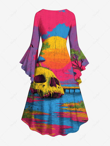 Gothic Plus Size Skull Mushroom Tree Moon River Print Ruched High Low Asymmetric Dress