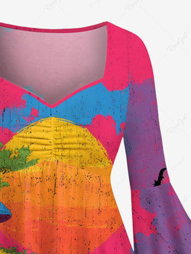 Gothic Plus Size Skull Mushroom Tree Moon River Print Ruched High Low Asymmetric Dress