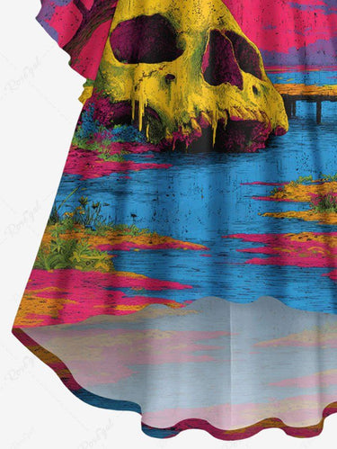 Gothic Plus Size Skull Mushroom Tree Moon River Print Ruched High Low Asymmetric Dress