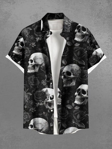 Gothic Plus Size Skull Rose Flower Print Button Pocket Shirt For Men