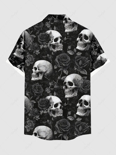 Gothic Plus Size Skull Rose Flower Print Button Pocket Shirt For Men