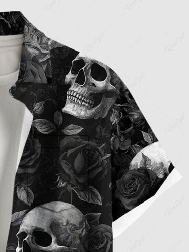 Gothic Plus Size Skull Rose Flower Print Button Pocket Shirt For Men