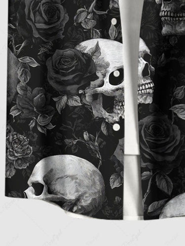 Gothic Plus Size Skull Rose Flower Print Button Pocket Shirt For Men