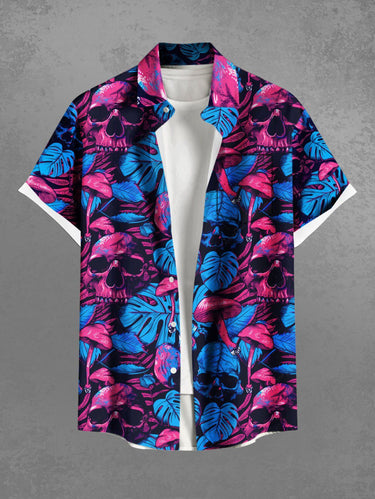 Gothic Plus Size Skull Mushroom Tropical Leaf Print Button Pocket Shirt For Men