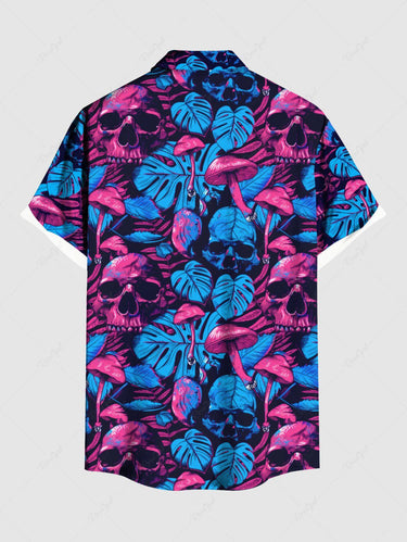 Gothic Plus Size Skull Mushroom Tropical Leaf Print Button Pocket Shirt For Men