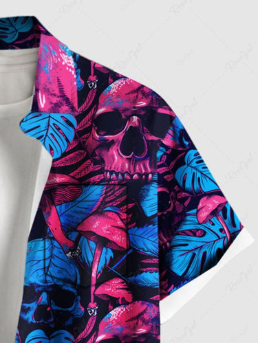 Gothic Plus Size Skull Mushroom Tropical Leaf Print Button Pocket Shirt For Men