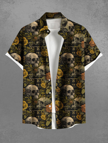 Gothic Plus Size Skull Rose Flower Leaf Print Button Pocket Shirt For Men