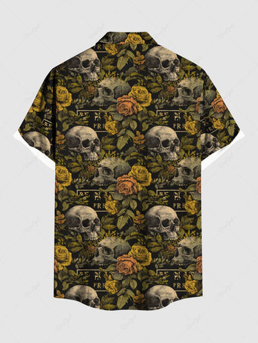 Gothic Plus Size Skull Rose Flower Leaf Print Button Pocket Shirt For Men