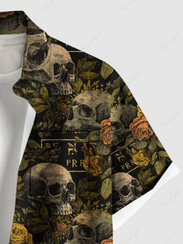 Gothic Plus Size Skull Rose Flower Leaf Print Button Pocket Shirt For Men