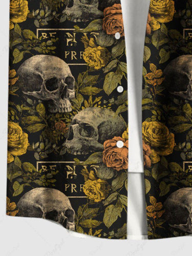 Gothic Plus Size Skull Rose Flower Leaf Print Button Pocket Shirt For Men