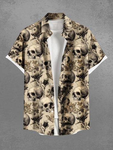 Gothic Plus Size Skull Plant Print Button Pocket Shirt For Men