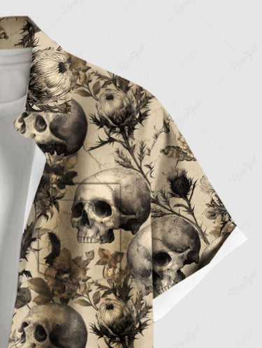 Gothic Plus Size Skull Plant Print Button Pocket Shirt For Men