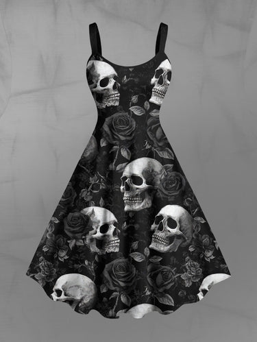 Gothic Plus Size Skull Rose Flower Print A Line Tank Dress