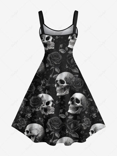 Gothic Plus Size Skull Rose Flower Print A Line Tank Dress
