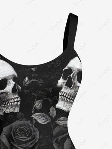 Gothic Plus Size Skull Rose Flower Print A Line Tank Dress