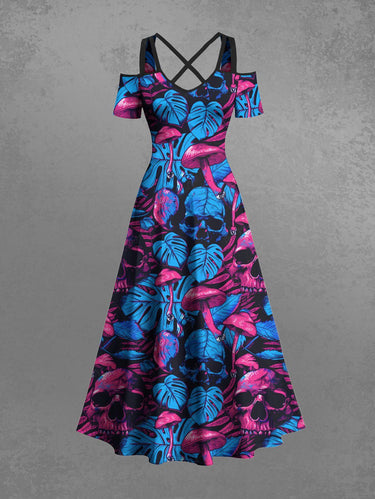 Gothic Plus Size Skull Mushroom Tropical Leaf Print Cold Shoulder Crisscross A Line Maxi Dress