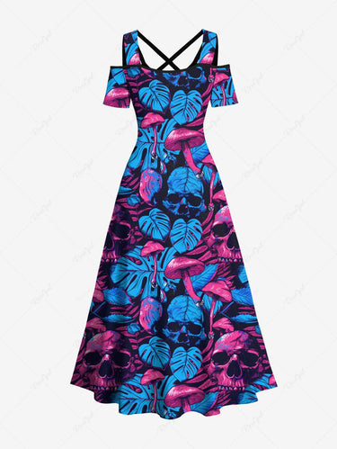 Gothic Plus Size Skull Mushroom Tropical Leaf Print Cold Shoulder Crisscross A Line Maxi Dress