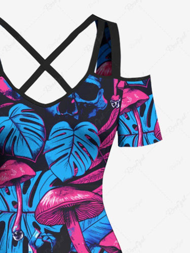 Gothic Plus Size Skull Mushroom Tropical Leaf Print Cold Shoulder Crisscross A Line Maxi Dress