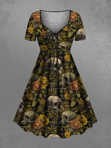 Gothic Plus Size Skull Rose Flower Leaf Print Cinched A Line Dress
