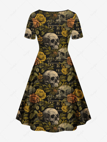 Gothic Plus Size Skull Rose Flower Leaf Print Cinched A Line Dress