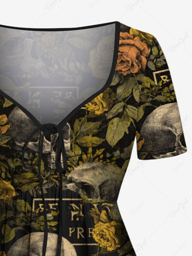 Gothic Plus Size Skull Rose Flower Leaf Print Cinched A Line Dress