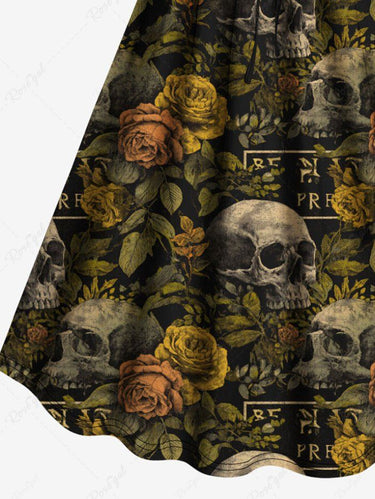 Gothic Plus Size Skull Rose Flower Leaf Print Cinched A Line Dress