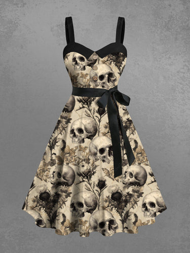 Gothic Plus Size Skull Plant Print Button A Line Dress with Removable Belt