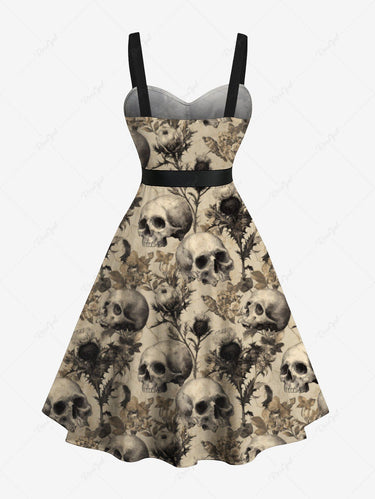 Gothic Plus Size Skull Plant Print Button A Line Dress with Removable Belt