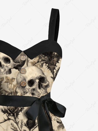 Gothic Plus Size Skull Plant Print Button A Line Dress with Removable Belt