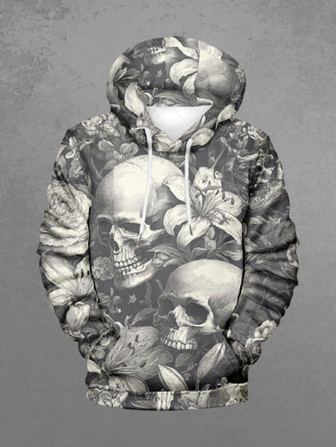 Gothic Plus Size Skull Flower Print Drawstring Pocket Pullover Long Sleeves Hoodie For Men