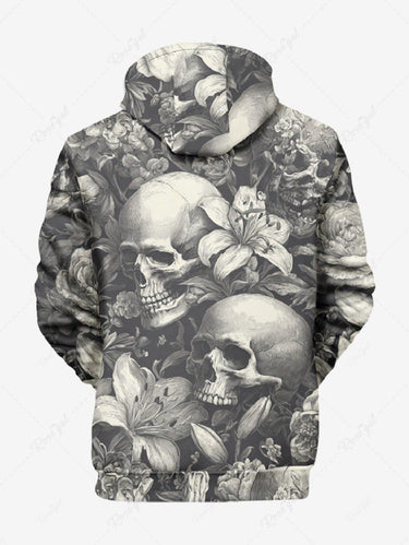 Gothic Plus Size Skull Flower Print Drawstring Pocket Pullover Long Sleeves Hoodie For Men