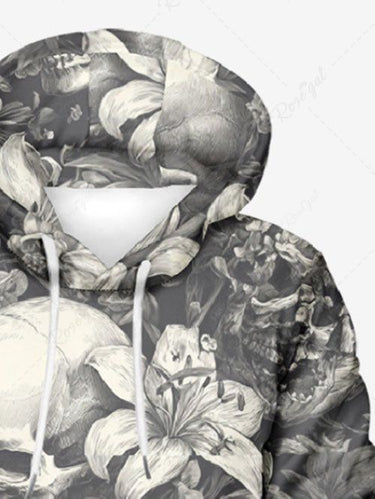 Gothic Plus Size Skull Flower Print Drawstring Pocket Pullover Long Sleeves Hoodie For Men
