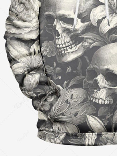 Gothic Plus Size Skull Flower Print Drawstring Pocket Pullover Long Sleeves Hoodie For Men