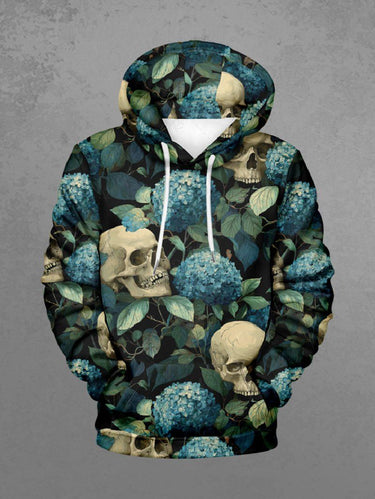 Gothic Plus Size Skull Flower Leaf Print Pocket Drawstring Pullover Long Sleeves Hoodie For Men