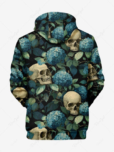 Gothic Plus Size Skull Flower Leaf Print Pocket Drawstring Pullover Long Sleeves Hoodie For Men