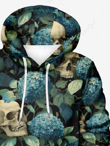 Gothic Plus Size Skull Flower Leaf Print Pocket Drawstring Pullover Long Sleeves Hoodie For Men