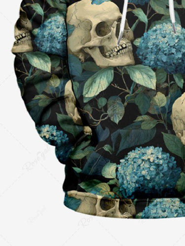 Gothic Plus Size Skull Flower Leaf Print Pocket Drawstring Pullover Long Sleeves Hoodie For Men