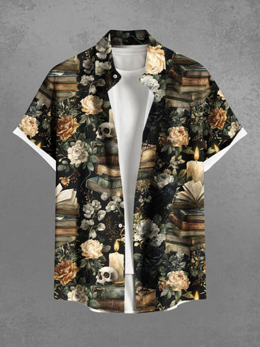 Gothic Plus Size Skull Candle Flower Book Print Button Pocket Shirt For Men