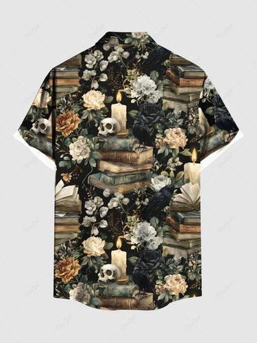 Gothic Plus Size Skull Candle Flower Book Print Button Pocket Shirt For Men