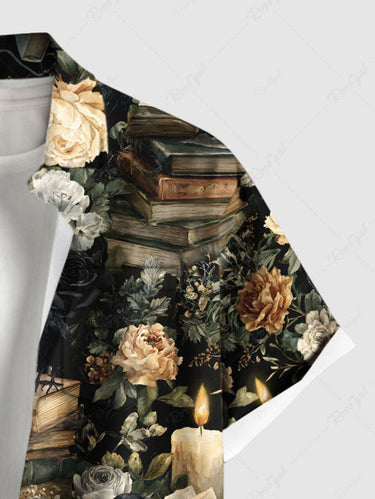 Gothic Plus Size Skull Candle Flower Book Print Button Pocket Shirt For Men