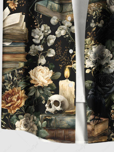 Gothic Plus Size Skull Candle Flower Book Print Button Pocket Shirt For Men