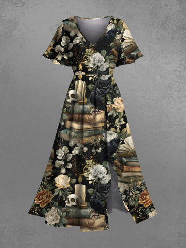 Gothic Plus Size Skull Candle Flower Book Print Split Pocket A Line Midi Dress