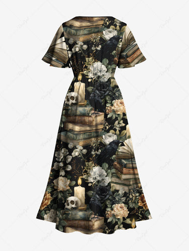 Gothic Plus Size Skull Candle Flower Book Print Split Pocket A Line Midi Dress