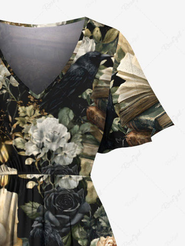 Gothic Plus Size Skull Candle Flower Book Print Split Pocket A Line Midi Dress