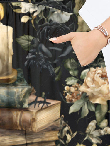 Gothic Plus Size Skull Candle Flower Book Print Split Pocket A Line Midi Dress