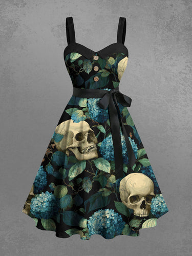 Gothic Plus Size Skull Flower Leaf Print Button A Line Dress with Removable Belt