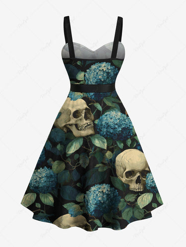 Gothic Plus Size Skull Flower Leaf Print Button A Line Dress with Removable Belt
