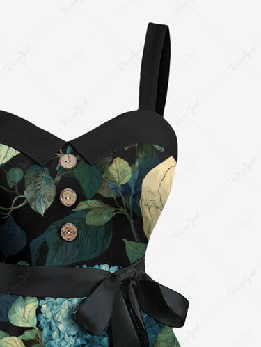 Gothic Plus Size Skull Flower Leaf Print Button A Line Dress with Removable Belt