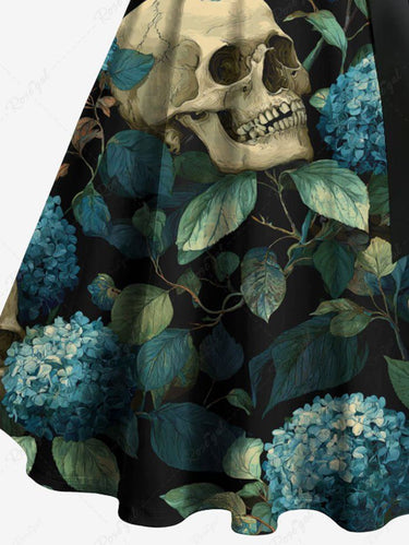 Gothic Plus Size Skull Flower Leaf Print Button A Line Dress with Removable Belt